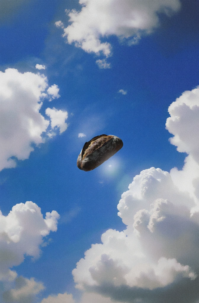 a single loaf of crusty sourdough bread floating weightlessly in the center of a brilliant cerulean sky, surrounded by billowing white cumulus clouds, heavy film grain with a pointillist texture, bright natural daylight with a subtle central lens bloom, neo-surrealist digital composite style, 90s lo-fi album cover aesthetic, vibrant high-saturation blue and crisp white palette, ethereal dreamlike atmosphere, wide-angle composition with the bread as the dark central focal point.