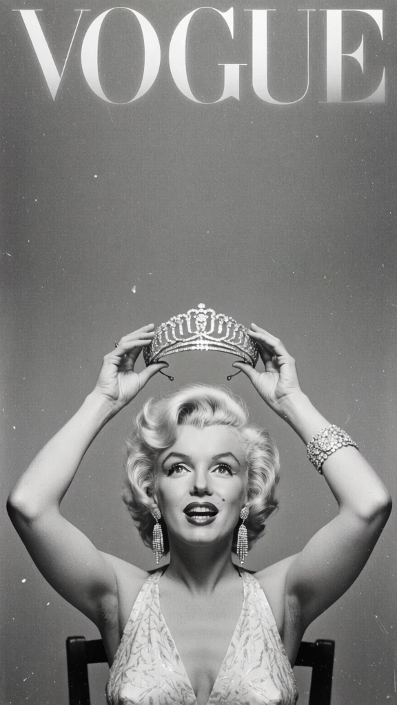 A black and white portrait of Marilyn Monroe features her holding a sparkling tiara above her head against a plain, grainy background with the word "VOGUE" across the top. Positioned from the waist up, Monroe has short, voluminous, platinum blonde curly hair and looks upward with wide eyes and an open, expressive mouth adorned with dark lipstick. Her arms are raised, and her hands delicately grasp an intricate, gem-encrusted tiara just above her head. She wears long, shimmering, multi-tiered drop earrings and a wide, sparkling bracelet on her right wrist. Her garment is a light-colored, strapless gown with a detailed, textured pattern. At the very top of the frame, the text "VOGUE" is rendered in a large, white, translucent serif font that stretches across the width of the image. The entire scene is set against a solid, medium-gray backdrop that exhibits a heavy film grain and scattered white specks, characteristic of a vintage photographic style. The lighting is soft and even, casting subtle shadows under her arms and chin, while the vertical composition emphasizes the height of her pose and the iconic magazine masthead.