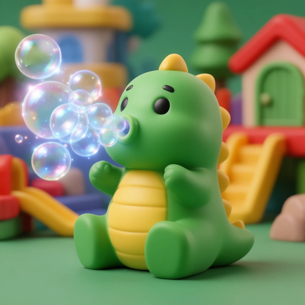 A bright green toy dinosaur sits in a vibrant miniature playground blowing a cluster of glowing iridescent bubbles. The chubby figure features a segmented yellow belly, rounded yellow spikes down its back, short raised arms, and large black eyes. Transparent soap bubbles emerge from its snout, radiating soft blue and pink luminescence with bright specular highlights. The dinosaur rests on a smooth matte green surface. The softly blurred background reveals a colorful toy village constructed from chunky plastic-like structures, including a red house with a green arched door, a yellow slide, and stylized trees. The 3D digital render mimics macro toy photography with a shallow depth of field, soft diffuse lighting, and smooth clay-like textures.