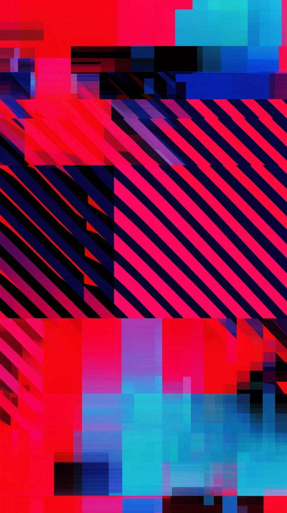 Abstract glitch art composition, neon pink red cyan blue black color palette, bold geometric shapes, diagonal stripes, overlapping pixelated blocks, high contrast