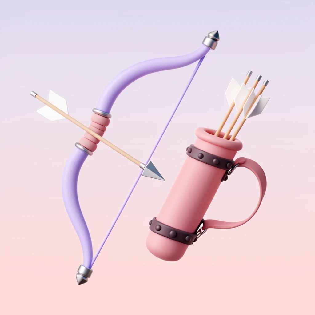 A stylized 3D rendering of a lavender bow with a nocked arrow floating alongside a pink cylindrical quiver. The softly curved bow features metallic nodes at the string ends, holding an arrow with a pale wooden shaft, white fletching, and a silver arrowhead. Beside it, the soft pink quiver is detailed with dark studded bands and a curved strap, containing three additional arrows. The minimalist objects exhibit smooth, matte, plastic-like textures under soft, even lighting, set against a seamless gradient background transitioning from pale lavender to warm blush pink.