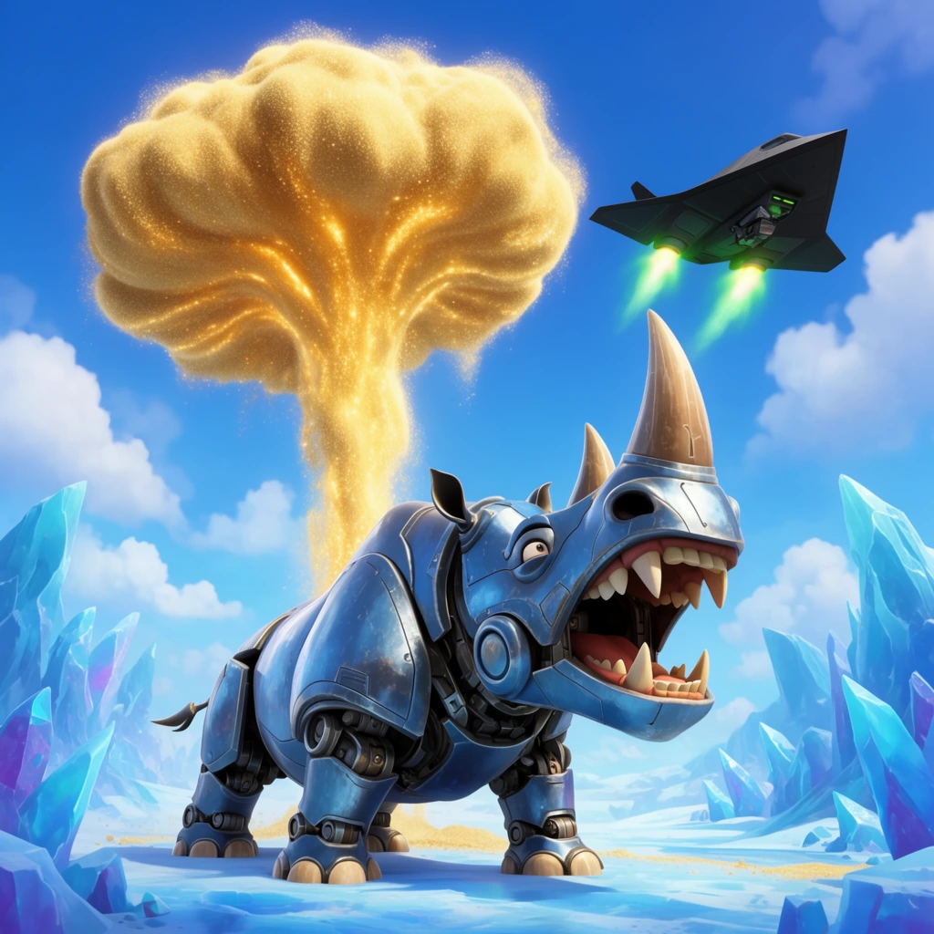 large metallic blue mechanical rhinoceros looking upward with gaping jaw, towering geyser of glowing golden sand shaped like a mushroom cloud, hovering black stealth drone emitting green thruster flames, icy blue tundra landscape, jagged crystal formations, bright blue sky with fluffy white clouds, 3D animated cinematic style, vibrant lighting, low angle