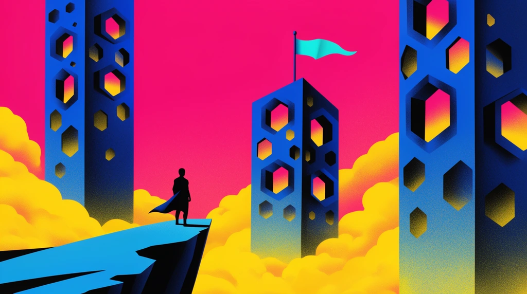 A silhouetted figure stands on a jagged cliff overlooking towering blue geometric pillars with glowing hexagonal cutouts. The pillars rise from billowing yellow clouds against a bright magenta sky. A cyan flag tops one structure. The digital illustration features a stark cyan, magenta, yellow, and black palette. The aesthetic merges smooth gradients with heavy stippled grain shading for a bold, retro-futuristic atmosphere.