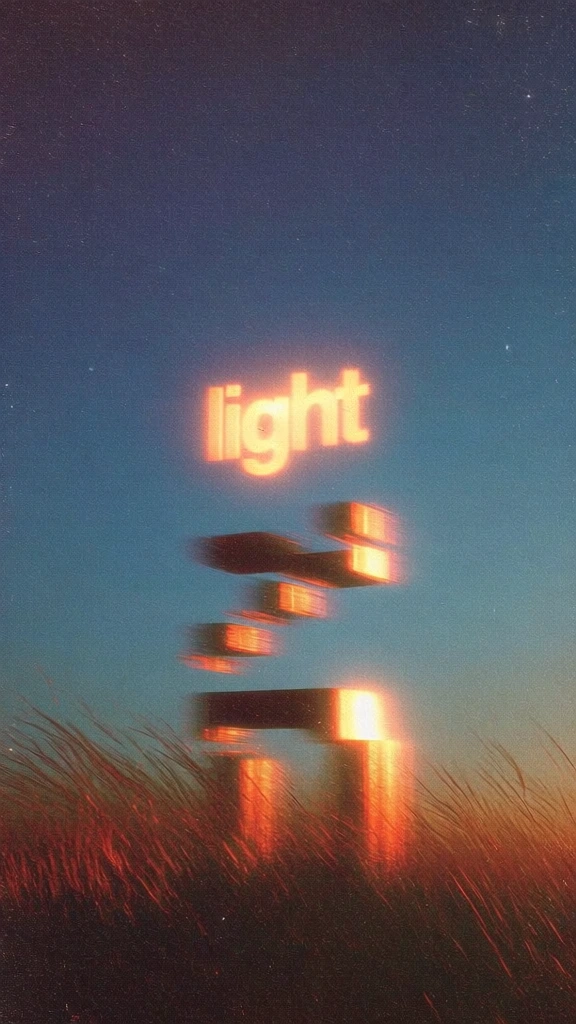 low-fi vintage film aesthetic, heavy analog grain and dust textures, minimal composition with a low horizon of wispy red grass, deep cerulean and indigo gradient twilight sky, glowing amber light source illuminating the word light, positioned above fragmented blocky letterforms composed of rectangular sub-elements, ethereal motion blur, soft focus light bloom, surreal dreamlike atmosphere, saturated orange and blue color palette, long exposure effect, painterly texture