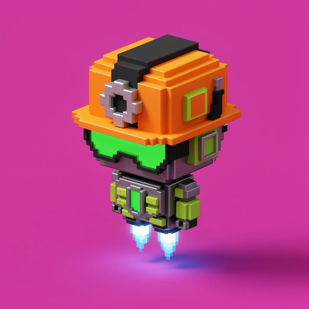 voxel art 3D robot character, large cubic head wearing an orange and black construction hard hat, silver gear emblem on forehead, glowing neon green visor, small gunmetal grey and neon green mechanical torso, hovering on twin glowing blue thrusters, solid vibrant magenta background, soft studio lighting, sharp pixelated geometric edges, miniature isometric perspective, soft diagonal cast shadow, clean minimalist composition, saturated colors, digital toy-like 3D rendering