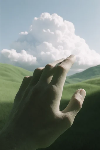Velvet Pastoral Surrealism style reference image — towering cumulus clouds