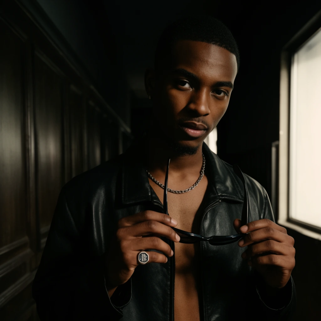 A cinematic portrait features a young Black man in an open black leather jacket standing in a moody, dimly lit corridor. He has a short haircut, a subtle goatee, and an intense, direct gaze. Shirtless beneath the jacket, he wears a silver chain necklace and a prominent silver signet ring, using both hands to hold a pair of dark sunglasses near his chest. The environment is heavily shadowed, with dark paneled walls on the left and a bright window on the right. Striking chiaroscuro lighting illuminates the right side of his face, casting deep, dramatic shadows across the left. The medium-close composition emphasizes high-contrast earthy skin tones against the deep black and brown background.