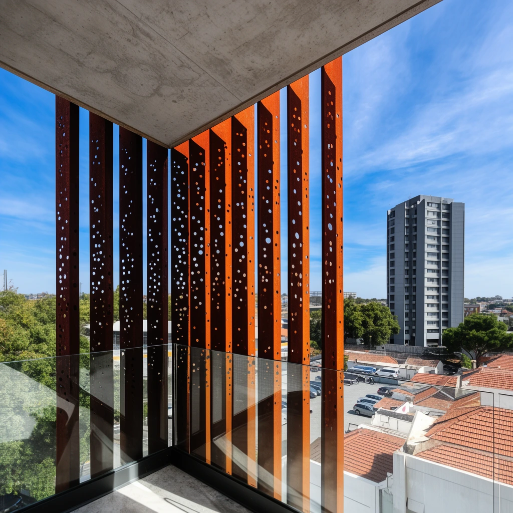 A modern concrete balcony features vertical rusted metal louvers with scattered circular perforations and a sleek glass railing. The rusty orange architectural slats frame a bright urban background containing a tall grey high-rise building, terracotta rooftops, and a parking lot under a bright blue sky. Wide-angle architectural daylight photography.