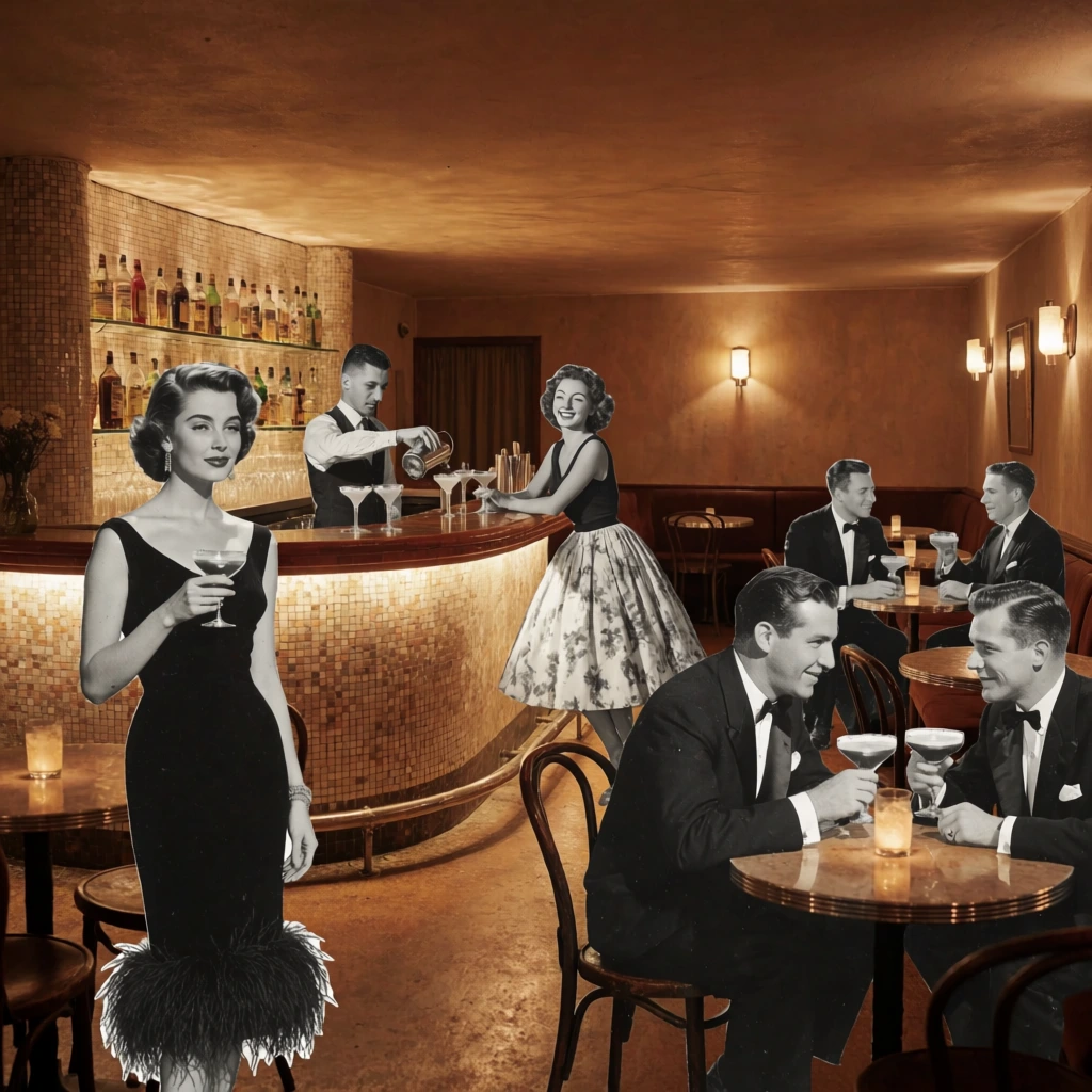 vintage collage composition of a retro cocktail lounge, black-and-white cutout figures superimposed on a warm sepia-toned background, curved mosaic tile bar in center with warm glowing under-lighting, bartender pouring drinks, smiling woman in full skirt at the bar, foreground woman in black sleeveless dress with feathered hem holding a glass, foreground men in tuxedos conversing with drinks, small round tables with bentwood chairs, low ceiling with wall sconces, surreal mixed media aesthetic, mid-century modern interior design