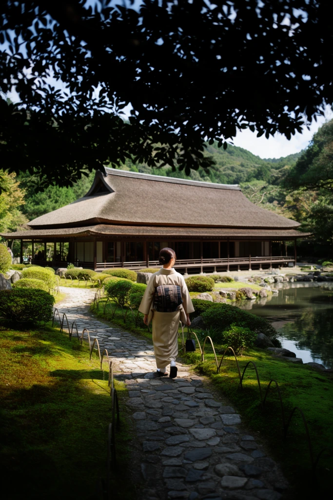 A woman in a light beige kimono and patterned dark obi walks away along a rustic stone path toward a traditional wooden pavilion. Silhouetted overhanging branches heavily frame the dark foreground, creating a dramatic vignette. The path, lined with low rope fencing, winds past vibrant green moss, manicured shrubs, and a serene reflective pond. In the sunlit midground, the large building features a sweeping thatched roof and expansive verandas. Lush forested hills rise in the background beneath a bright sky, emphasizing natural contrast and serene landscape photography.