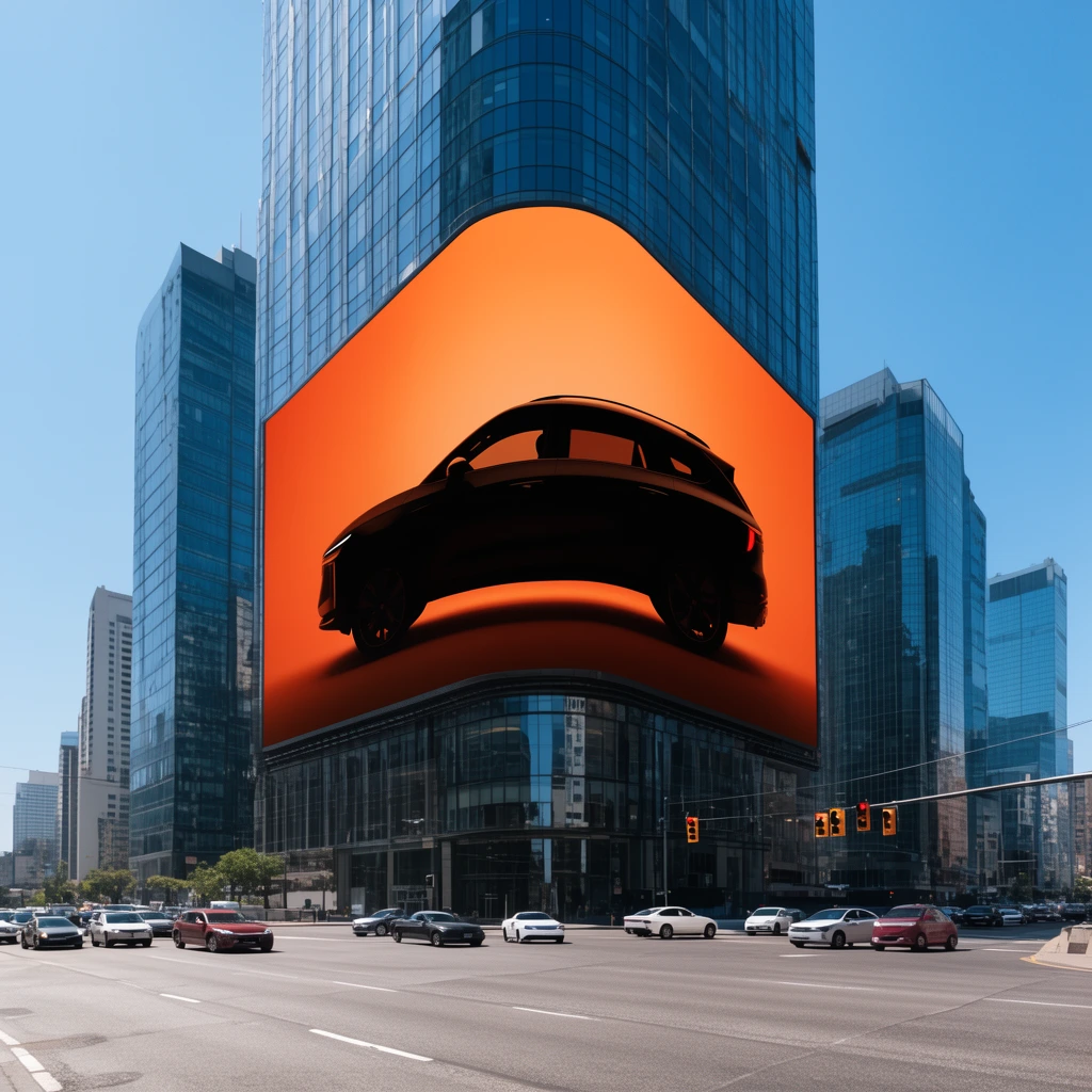 A massive wrap-around digital billboard on a modern glass skyscraper displays a stark black silhouette of an SUV against a vibrant orange gradient. The towering structure overlooks a busy multi-lane urban intersection under a clear bright blue sky. Several cars navigate the wide asphalt streets beneath hanging traffic lights in this wide-angle, brightly lit architectural daytime photograph.