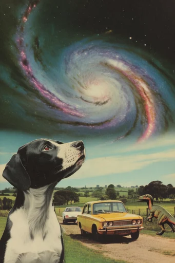 Vintage Cosmic Surrealism style reference image — grainy paper texture