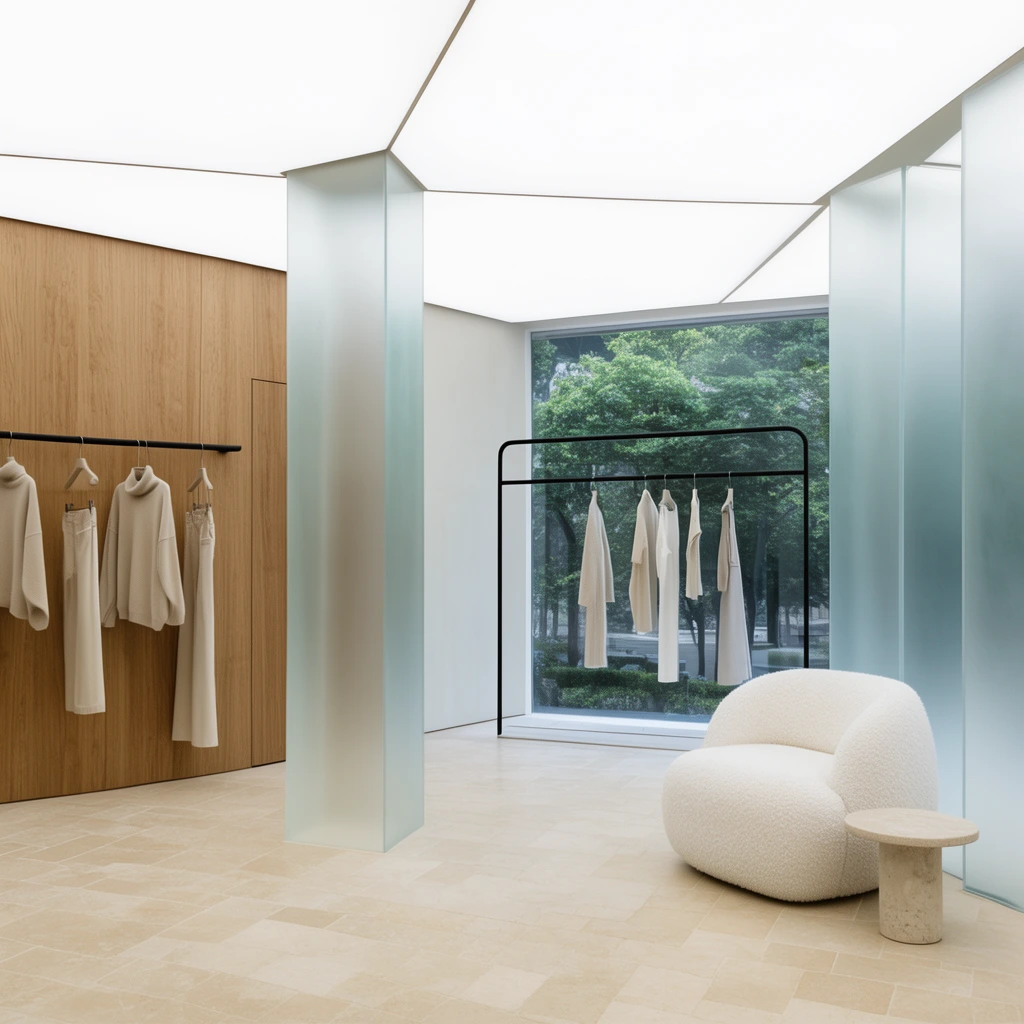 minimalist boutique interior, frosted glass columns, wood paneled wall, sparsely hung neutral garments, black rack near large window, lush trees outside, white bouclé armchair, stone table, beige tiled floor, illuminated stretch ceiling, bright diffused architectural photography