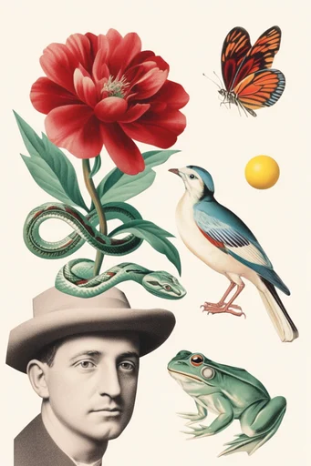 Surrealist Vintage Collage style reference image — saturated color accents