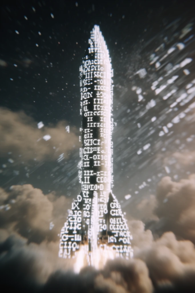 A single rocket launching vertically upwards from billowing clouds towards a starry expanse, its physical form heavily enveloped by glowing white pixelated typography and digital code. The ascending rocket acts as a physical substrate for dense clusters of luminous, fragmented ASCII characters and monospace symbols that map across its cylindrical structure, forming a bright, cybernetic secondary silhouette. The base features dense, atmospheric cloud formations, while the upper background transitions into a dark sky populated by stars, all rendered with an extremely shallow depth of field and soft, out-of-focus bokeh. Heavy, diagonal motion-blur streaks and scattered white digital artifacts smear across the background, simulating data corruption and aggressive lens distortion. The color palette contrasts the deep, muted tones of the clouded night sky against the harsh, luminous white of the superimposed digital text, merging photorealistic environmental rendering with lo-fi digital decay and heavy focal blurring.