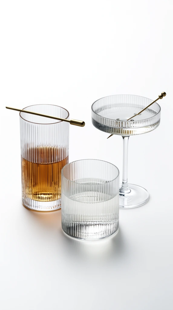 Three modern fluted glasses on a pure white surface, tall cylindrical glass with amber liquid and a brass stirrer resting across the rim, short wide glass holding clear liquid, tall-stemmed glass with a flat shallow bowl and brass cocktail pick, vertical ribbed textures, crisp light refractions, minimalist white background, subtle drop shadows, soft studio lighting, high-end product photography, pristine luxurious aesthetic