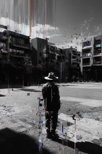 Monochrome Digital Decay style reference image — deconstructed realism