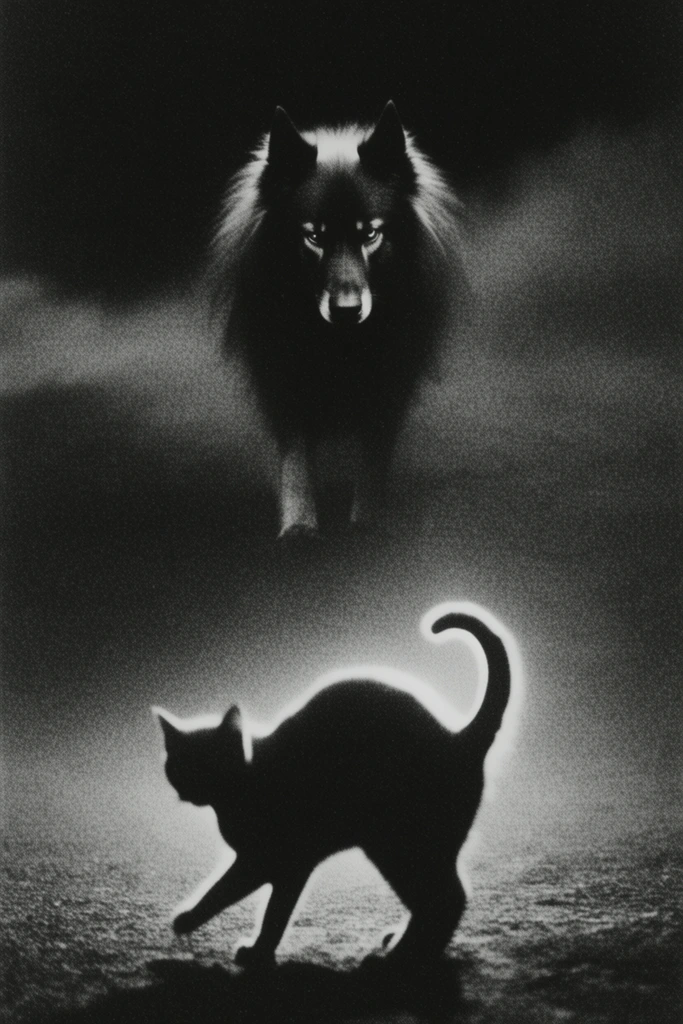 Monochromatic Occult Noir style AI image example 3