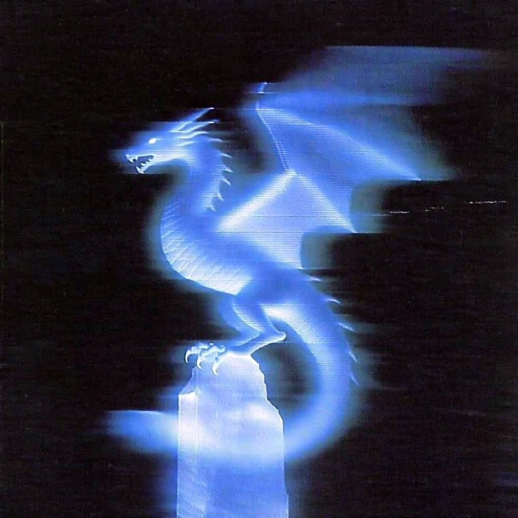 low-fi digital glitch aesthetic, glowing cobalt blue silhouette of a majestic winged dragon, sharp claw resting on a jagged crystal pillar, heavy horizontal crt scanline distortion, ghostly blooming light, ethereal motion-blurred edges, high contrast pitch black grainy background, distorted analog video artifacts, retro-tech luminescence, shimmering monochromatic blue, atmospheric hazy glow, cinematic digital distortion, gritty film grain, experimental lo-fi texture.
