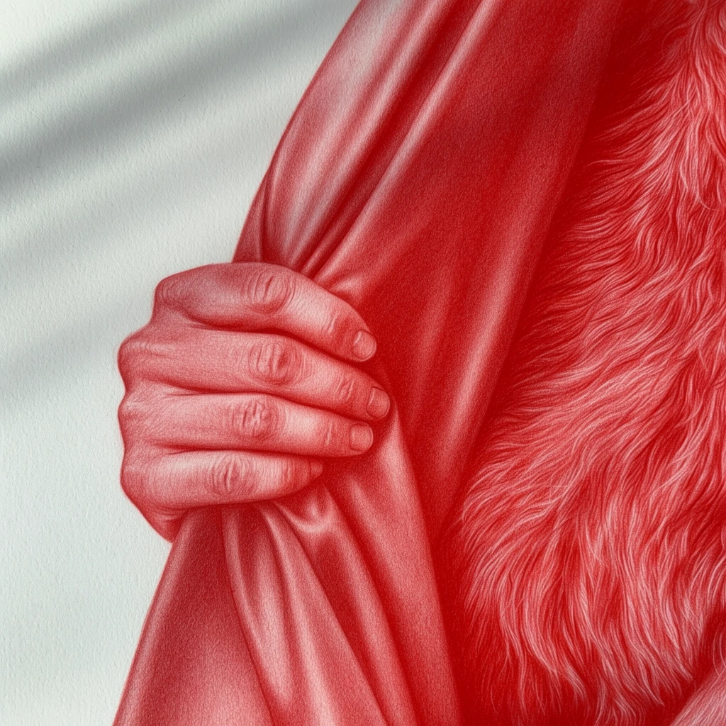 A photorealistic, monochromatic red pencil drawing on textured white paper featuring a detailed human hand gripping a smooth, voluminous draped form. Directly beside the drape is a patch of dense, flowing fur rendered with delicate individual crimson strokes. The extreme close-up framing emphasizes the rich tactile contrast between skin, taut fabric, and soft hair through precise hatching and shading. Faint diagonal shadow bands fall across the top left of the physical paper surface.