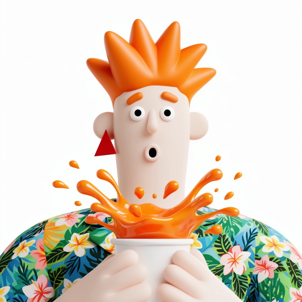 A 3D cartoon figure with spiky orange hair and a surprised expression holds a white cup splashing dynamic orange liquid. The pale character wears a tropical floral shirt and a red triangle earring against a solid white background. The playful composition features smooth textures and bright studio lighting.