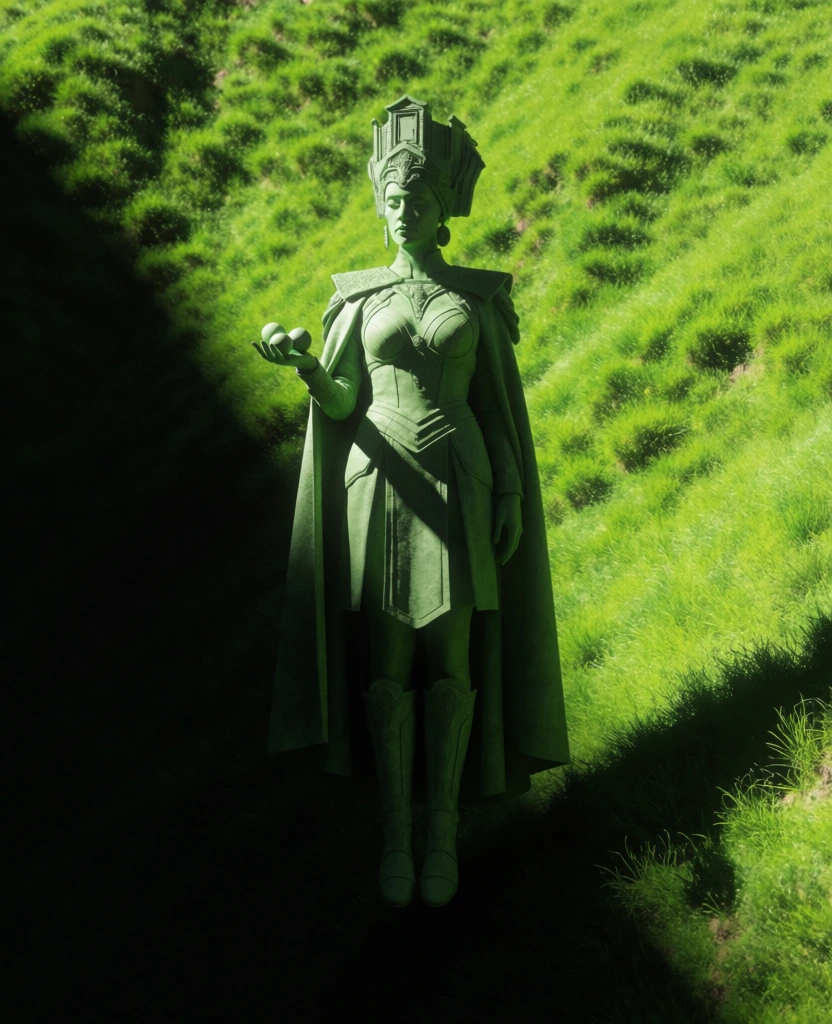hyper-minimalist vertical shot, a tall statuesque woman floating centered in the frame, wearing ornate armor, an architectural headdress, heavy cape, and boots, three spheres in her palm, set against a steep grassy slope, extreme chiaroscuro with a sharp diagonal split between vibrant sunlit green and impenetrable obsidian shadow, harsh direct sunlight, saturated verdant tones, cinematic surrealist atmosphere, high-contrast, expansive negative space, crisp focus, clean edges.