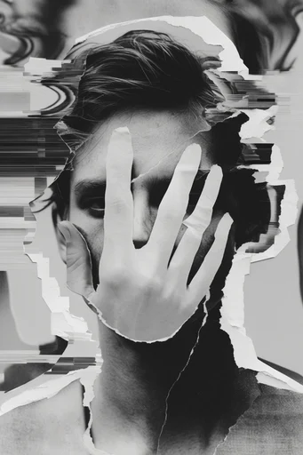 Fragmented Monochrome Collage style reference image — analog glitch distortion