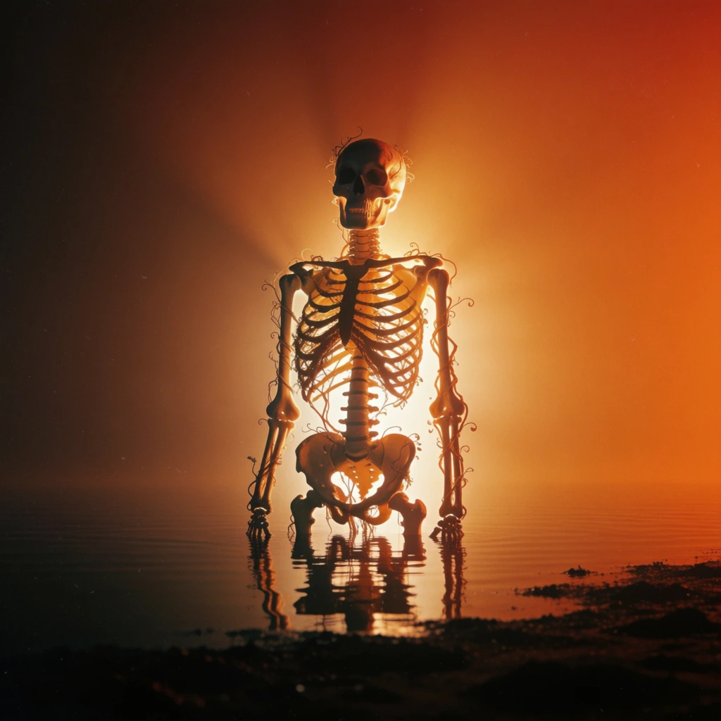 monochromatic amber and deep orange color palette, high-contrast backlighting creating sharp silhouettes with a glowing rim light, a human skeleton standing waist-deep in still water, intricate organic vines tightly coiled around its bones, minimalist central composition with vast negative space, smooth orange-to-black gradient background, ethereal atmospheric haze, low-key lighting, cinematic film grain, dark shadows, moody and mysterious tone.