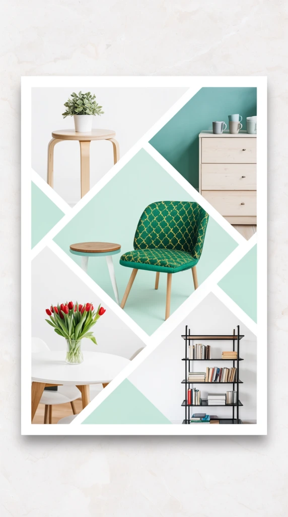 A rectangular collage print rests flat on a faintly textured off-white marble surface, casting a subtle drop shadow. The print features a dynamic geometric layout divided by thick white diagonal bands framing distinct interior design vignettes. A central diamond panel showcases an emerald-green upholstered chair with a yellow geometric pattern beside a wood-topped side table. Surrounding angular panels display a light-wood stool holding a small plant, a pale wooden dresser topped with stacked mugs against a teal wall, a white circular dining table featuring a glass vase of red tulips, and a black metal shelving unit arranged with books. Solid blocks of pale mint green and crisp white complete the modern, airy aesthetic under bright, diffused studio lighting.