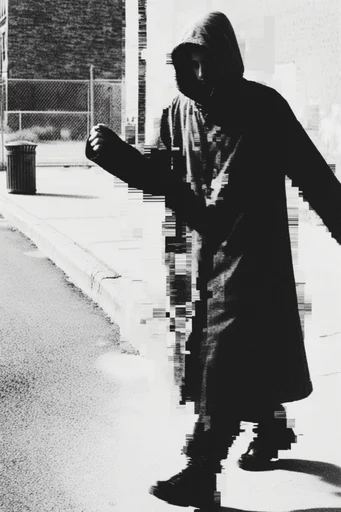 Monochrome Glitch Noir style reference image — monochrome glitch art
