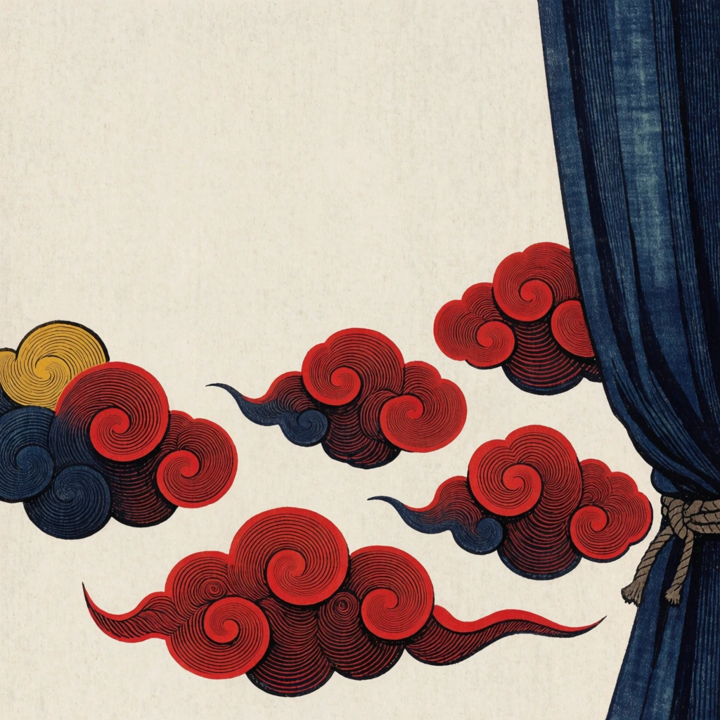six stylized clouds with intricate woodblock-inspired concentric linework floating in a minimalist sky, a heavy draped curtain tied with a coarse rustic rope on one side, ukiyo-e aesthetic, grainy stippled cream background, flat graphic composition, bold crimson and deep indigo color palette, fine stippling and hatching details, screen-print texture, high contrast silhouettes, modern minimal interpretation of traditional japanese printmaking.
