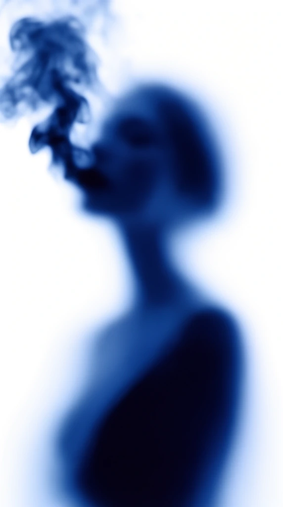 A heavily blurred, out-of-focus deep indigo silhouette of a woman with thick smoke rising from her face against a stark, pure white background. The woman's form and the undulating plumes of smoke appear as abstract, soft-edged navy blue shapes melting smoothly into the brightly illuminated, blown-out space. Extreme high-key backlighting and a massive bokeh effect transform the subject into an ethereal, dark cyanotype-blue mass composed entirely of smooth gradients. The minimalist composition utilizes extreme shallow depth of field and heavy gaussian blur, resulting in a high-contrast, dreamlike monochromatic scene where dark, flowing forms bleed seamlessly into the brilliant white surroundings.