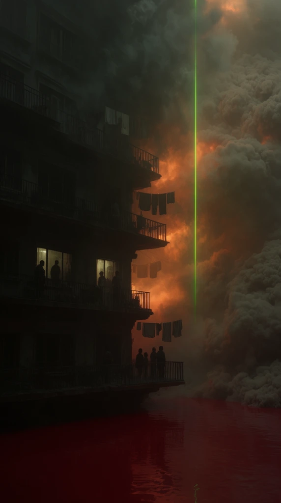 A towering, dark building facade rises directly above a smooth, deep crimson body of water reflecting a dark, bloody hue. Silhouetted figures of people stand within dimly glowing windows and on a jutting balcony overlooking the viscous liquid surface. Lines of laundry hang suspended above the balconies in the thick, heavy air. The surrounding environment is engulfed in massive, billowing clouds of ash-gray and fiery orange volumetric smoke, creating an apocalyptic, heavily backlit atmosphere. A distinct, razor-sharp neon-green vertical beam of light cuts straight down through the dense smog, casting a surreal, vibrant accent against the dark charcoal tones of the architecture. The highly detailed, cinematic digital rendering features deep shadow contrast, a gloomy and oppressive mood, and a striking color palette of murky blacks, smoldering oranges, and unnatural neon light accents.