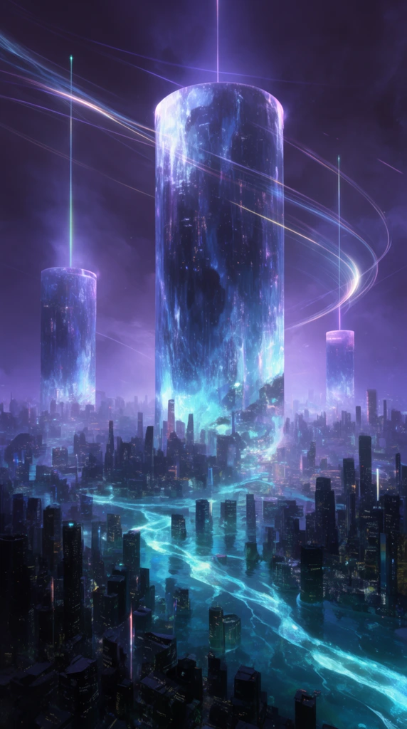 gigantic glowing cylindrical monoliths towering over a flooded futuristic metropolis, bioluminescent water channels weaving through dense skyscrapers, deep violet and cyan atmospheric haze, vertical laser beams shooting upward, sweeping curved light trails, dramatic scale, sci-fi concept art