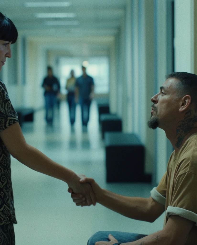 Two people shake hands in the foreground of a long, blurred institutional hallway. A woman on the left in partial profile with dark bangs and a short-sleeved patterned top grasps the hand of a seated man on the right. He has a goatee, neck tattoos, and wears a tan t-shirt with rolled cuffs. The out-of-focus background features dark rectangular benches, vertical pillars, and three indistinct figures walking down the corridor. The cinematic composition emphasizes a shallow depth of field, prominent 35mm film grain, and a cool-toned, cyan-tinted color palette under diffused overhead lighting.