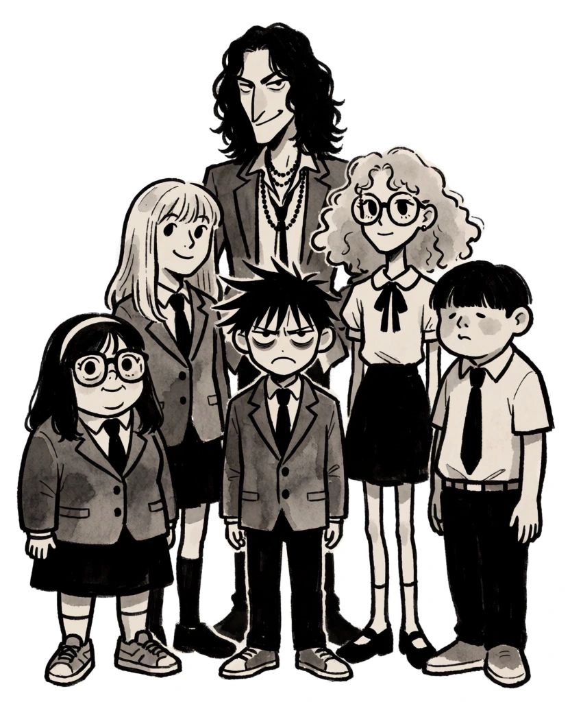 A group of six stylized characters, ranging in height and build and dressed in various school-style uniforms, are arranged in a group portrait against a plain white background. At the far left stands a short, stout girl with wide glasses and black, shoulder-length hair held back by a thin headband, wearing a grey blazer, black necktie, and a black skirt with sneakers. Next to her, a slightly taller girl with blonde hair and bangs smiles, dressed in a matching grey blazer, tie, and black skirt. Dominating the center-back is the tallest figure, a slender man with long, wavy black hair, a sharp nose, and a smirking expression, wearing a grey suit jacket over a white shirt with a thin black necktie and multiple beaded necklaces. Positioned in the center foreground is a short boy with spiky black hair, dark circles under his eyes, and a grumpy expression, wearing a grey blazer over a black tie and trousers. To the right of the center, a thin girl with voluminous, curly light-colored hair and large round glasses wears a white short-sleeved blouse with a black ribbon bow and a black skirt, her legs notably thin. At the far right, a boy with a rounded face and dark bangs slumps slightly, wearing a white short-sleeved shirt with a black tie and trousers. The artistic style is a hand-drawn illustration featuring thick, expressive black ink outlines and a limited color palette of grey, black, and beige watercolor-like washes. The lighting is flat and even across the scene, and the perspective is a straight-on, full-body group shot.
