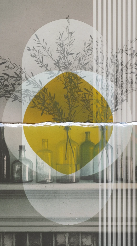 A mixed-media double-exposure collage of several glass bottles and leafy branches resting on a mantelpiece, constructed with layered geometric transparencies and vintage textures. The underlying composition of the bottles and mantelpiece is rendered in muted, desaturated grayscale tones with a grainy, screen-printed photographic quality. A horizontal torn paper edge with a bright white fibrous rim cuts sharply across the exact center of the frame, physically bisecting the scene. Superimposed over the arrangement are large, intersecting translucent white circles and a prominent central, semi-transparent mustard-yellow oval that colorizes the elements beneath it. Intricate, fine-line monochrome silhouettes of the leafy branches are heavily layered over the geometric shapes, creating a complex optical blending and flattening the depth of field. The right side of the image features a distinct overlay of rigid, vertical white and gray stripes, adding a corrugated visual distortion. The overall aesthetic utilizes matte paper textures, halftone dot patterns, and flat, low-contrast lighting characteristic of analog graphic design.
