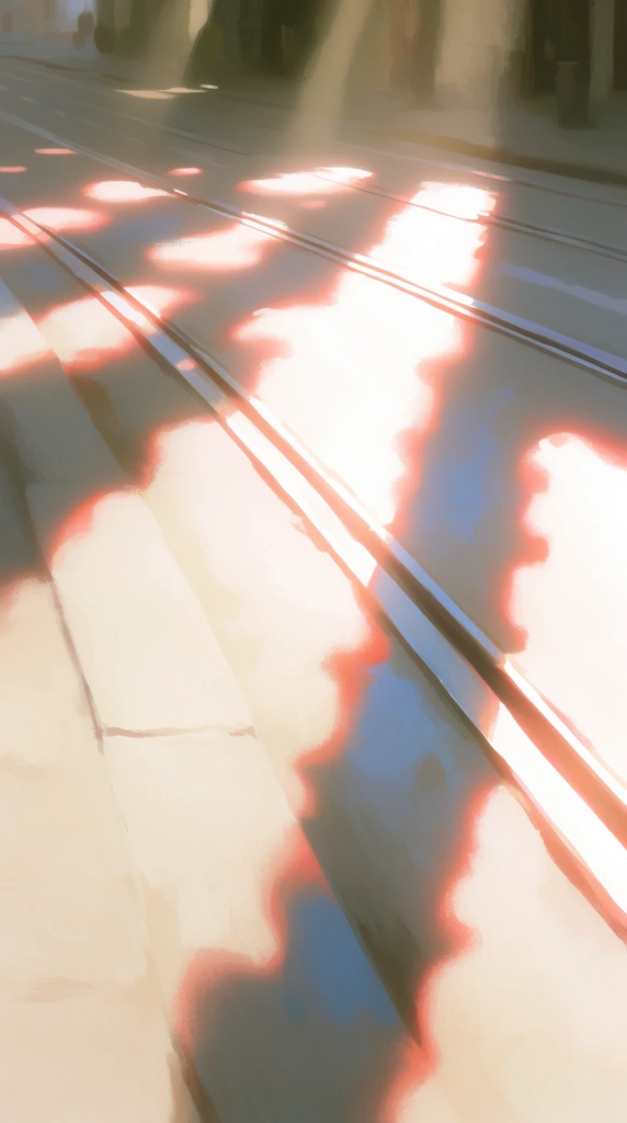 A street with tram tracks rendered as a soft, ethereal digital painting bathed in intense, dappled sunlight. Dramatic light shafts slice through the scene, illuminating sections of the road and the parallel metallic rails with brilliant, overexposed highlights. The edges of the sunlit areas feature a vibrant, peachy-coral luminous bloom, contrasting sharply with the deep, soft-edged shadows. The color palette is dominated by warm, creamy whites and glowing reddish tones in the brilliant light, offset by subtle cool sky-blue hues residing within the shaded zones. The artwork features smooth, impressionistic brushstrokes, traditional painterly textures, and a soft focus overall, punctuated by crisp, high-contrast boundaries where the intense directional light intersects the deep shadows.