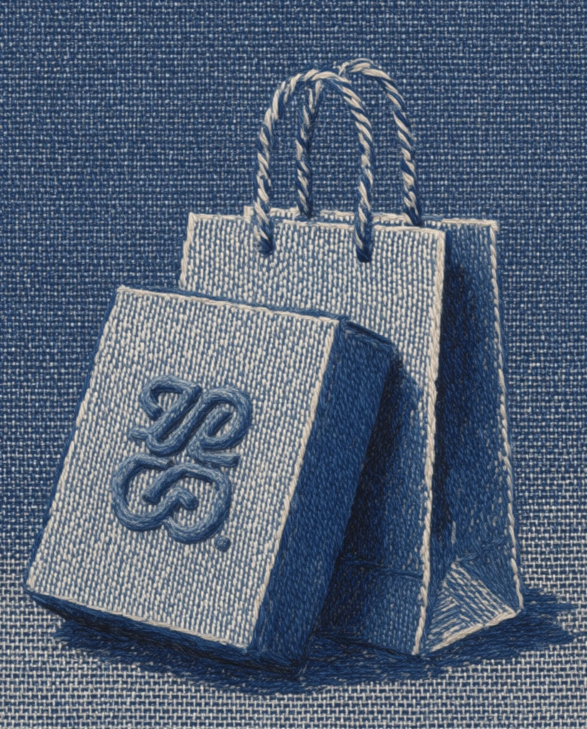 A box with an embossed logo leaning against a paper shopping bag with two rope handles, rendered entirely as a tightly woven jacquard textile. The scene is composed of interwoven indigo blue and off-white threads, creating a pronounced fabric surface with visible vertical and horizontal weave structures. Structural details, including the dimensional ridges of the embossed logo, the crisp edges of the paper bag, and the twisted fibers of the rope handles, are defined by the varying density and alternating placement of the dark blue and light white yarn. The composition exhibits the tactile, heavy weight of a denim tapestry, characterized by a distinct grid-like thread pattern that gives the packaging elements and their shadows a stitched, halftone-like appearance inherent to loom-woven textiles.