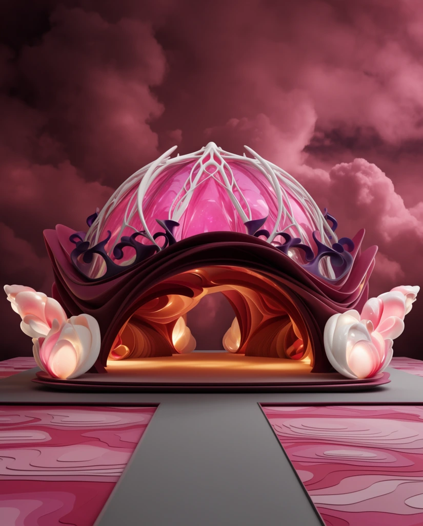 A surreal, biomorphic architectural pavilion resembling a glowing sea creature. The central structure features a translucent magenta dome interlaced with white skeletal ribs and dark purple flourishes. Sweeping, layered maroon curves form a cavernous canopy beneath, radiating a warm amber internal glow over a flat stage. Four luminous, fleshy white and pink petal-like fixtures flank the corners. The pavilion rests on a layered rectangular base with topographical pink patterns, intersected by a flat gray pathway. Set against a moody backdrop of volumetric dark pink clouds, the 3D rendered scene emphasizes polished organic textures and dramatic studio lighting.