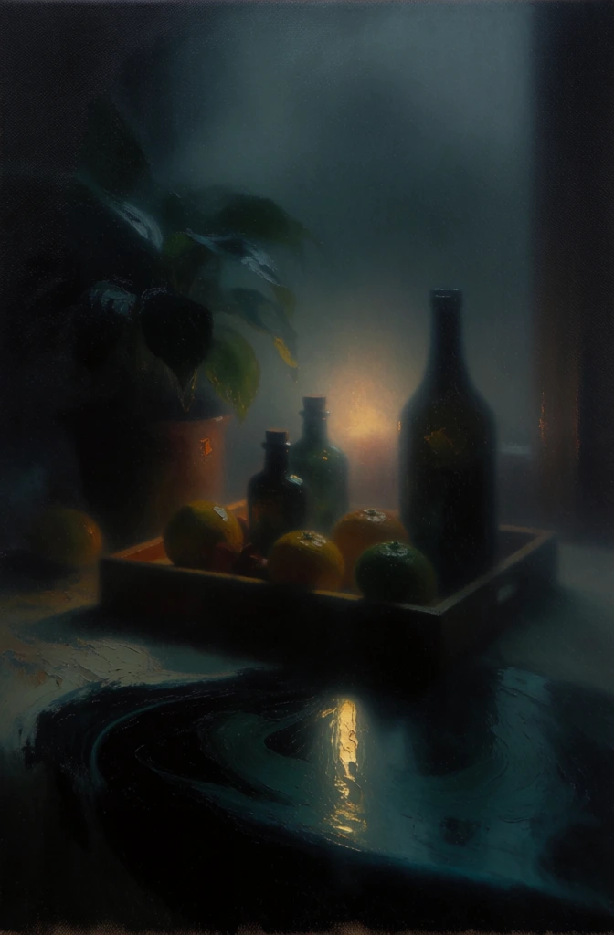 cinematic tonalist still life, tray with citrus fruits and bottles next to a potted plant, moody nocturnal palette of deep teal and charcoal black, soft ethereal amber light source tucked behind the silhouettes, shimmering vertical golden reflection on a dark fluid surface, heavy atmospheric haze, visible canvas weave and painterly impasto texture, soft-focus sfumato edges, high-contrast chiaroscuro, mysterious, dreamlike, evocative of a foggy night.