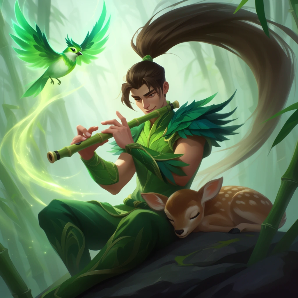 A young man plays a bamboo flute in a misty bamboo forest. He wears green, leaf-patterned attire with feathered shoulder armor, his long brown hair sweeping upwards in a dramatic ponytail. A sleeping fawn rests against his leg. A luminous green bird soars above, trailing glowing magical energy. Soft, ethereal lighting illuminates the dark foreground rocks and angled bamboo stalks. The digital illustration features smooth rendering and dynamic curves typical of stylized high-fantasy concept art.