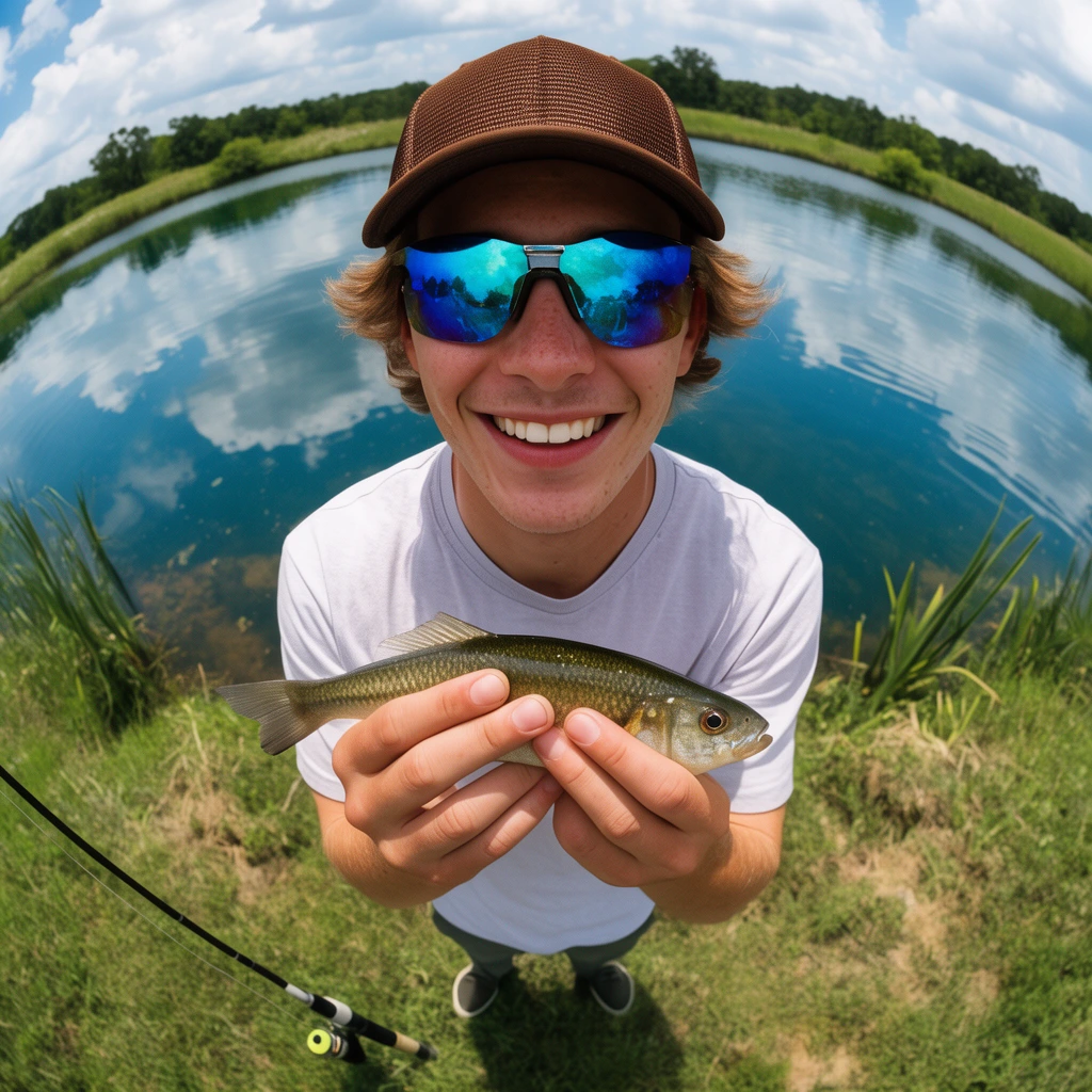 Smiling young man holding small fish, extreme high-angle fisheye perspective, brown trucker hat, iridescent blue sunglasses, standing on grassy pond bank, fishing rod on ground, bright daylight