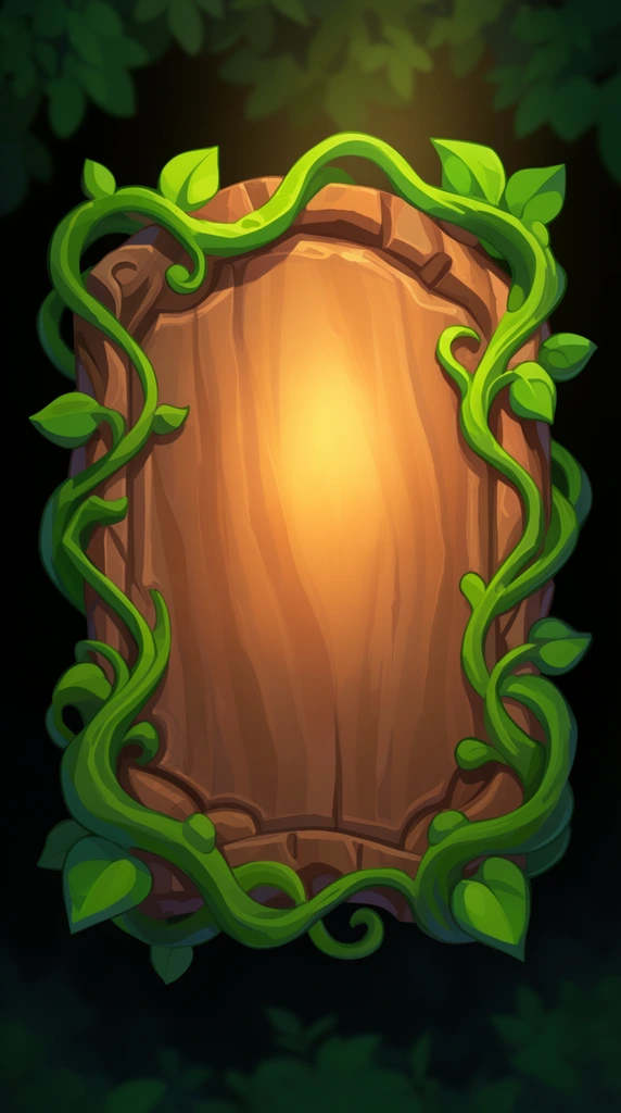 carved wooden plaque, winding bright green vines and leaves, 2D game UI art style, warm central spotlight, dark background with faint canopy shadows