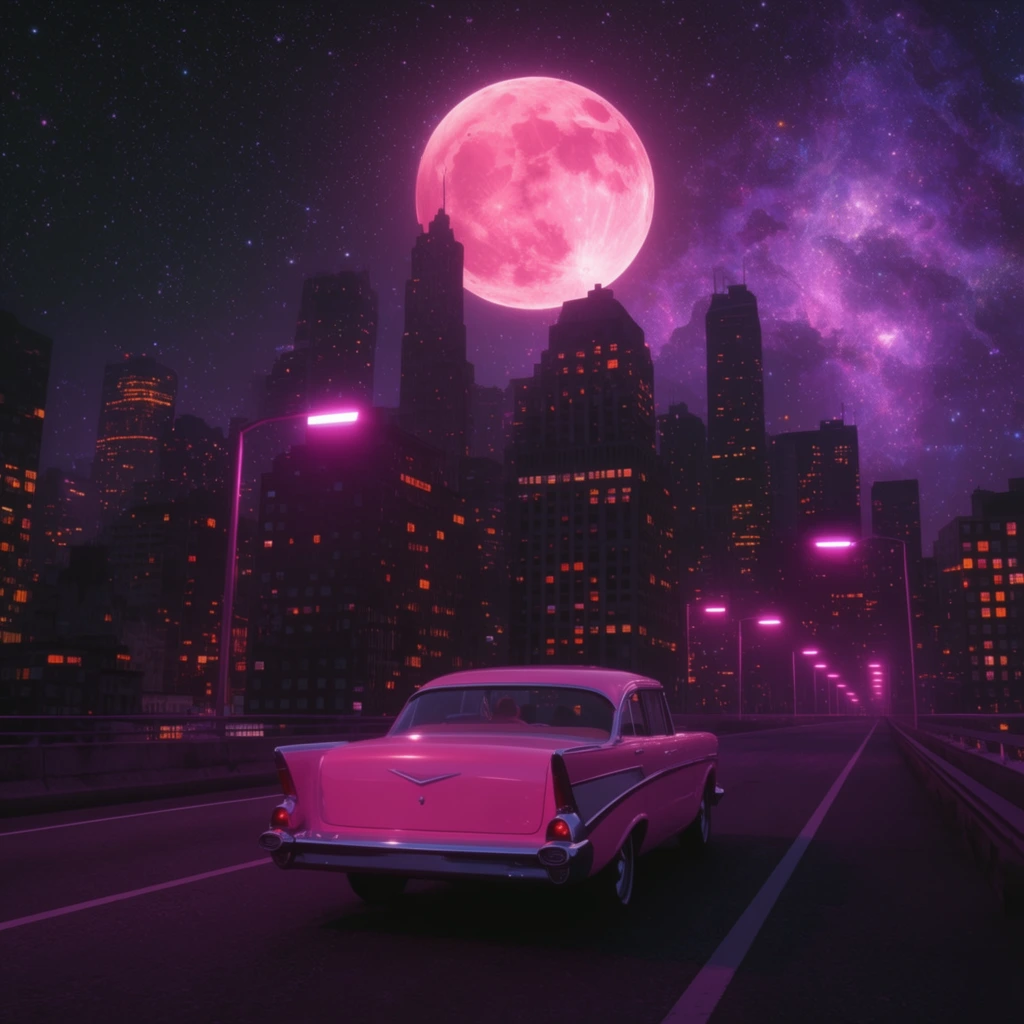 A classic pink vintage car drives down an empty highway toward a dense city skyline beneath a massive, glowing pink moon. The towering skyscrapers feature scattered illuminated windows in warm orange hues, silhouetted against a surreal night sky filled with stars and a vibrant purple nebula. Neon pink streetlights line the dark asphalt road. The scene features a retro-futuristic synthwave aesthetic with high contrast, blending nostalgia with a dreamlike neon magenta and deep purple color palette.