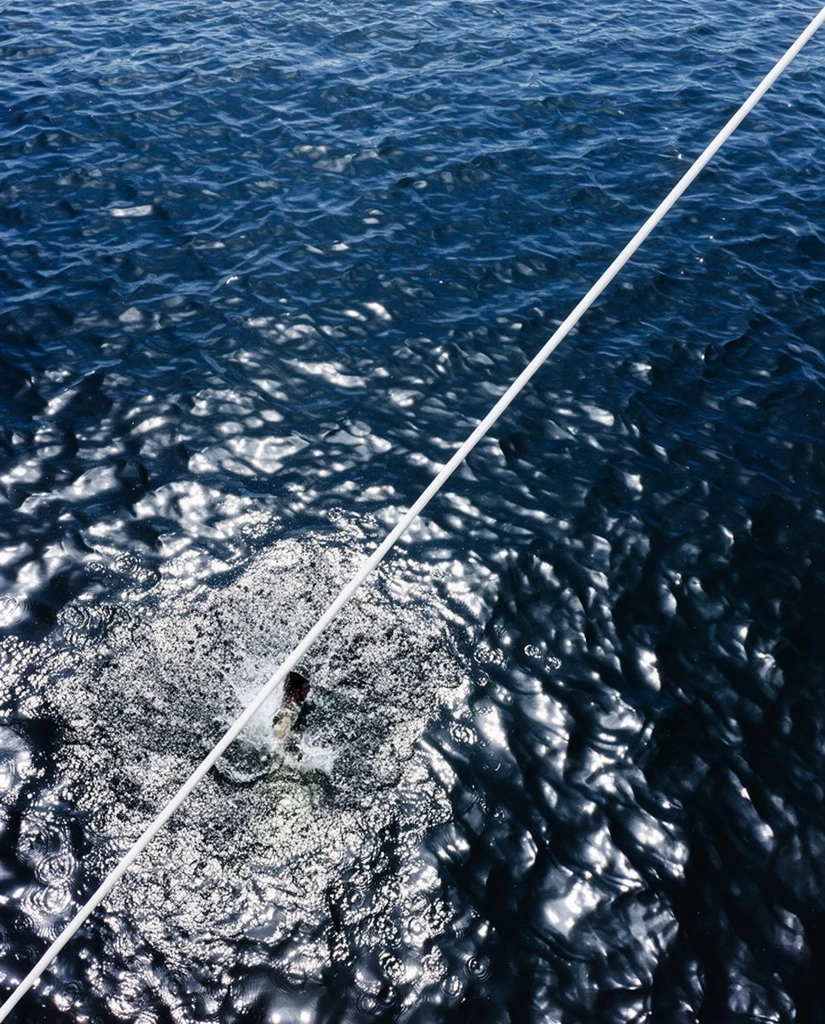A diagonal white line slashes across a frame filled with deep blue, rippling water. The water is textured with small waves and illuminated by bright, shimmering reflections of sunlight, creating a high-contrast pattern of dark and light patches. The reflections are most intense in the lower left quadrant, where a splash disturbs the surface, revealing a small, dark object or part of a submerged figure. The composition is taken from a high angle, looking down onto the water's surface, with the stark, straight white line contrasting sharply against the organic, chaotic texture of the water.