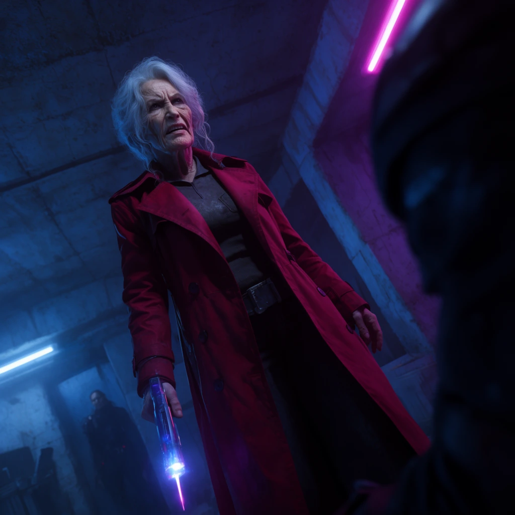 fierce elderly woman with silver hair wearing a crimson trench coat, pointing an energy pistol downwards, stark concrete bunker, harsh blue and magenta neon lighting, extreme low angle Dutch tilt, blurred dark silhouette of a shoulder in the right foreground, faint figure in the background, tense cinematic confrontation, gritty atmospheric aesthetic, dramatic shadow contrast