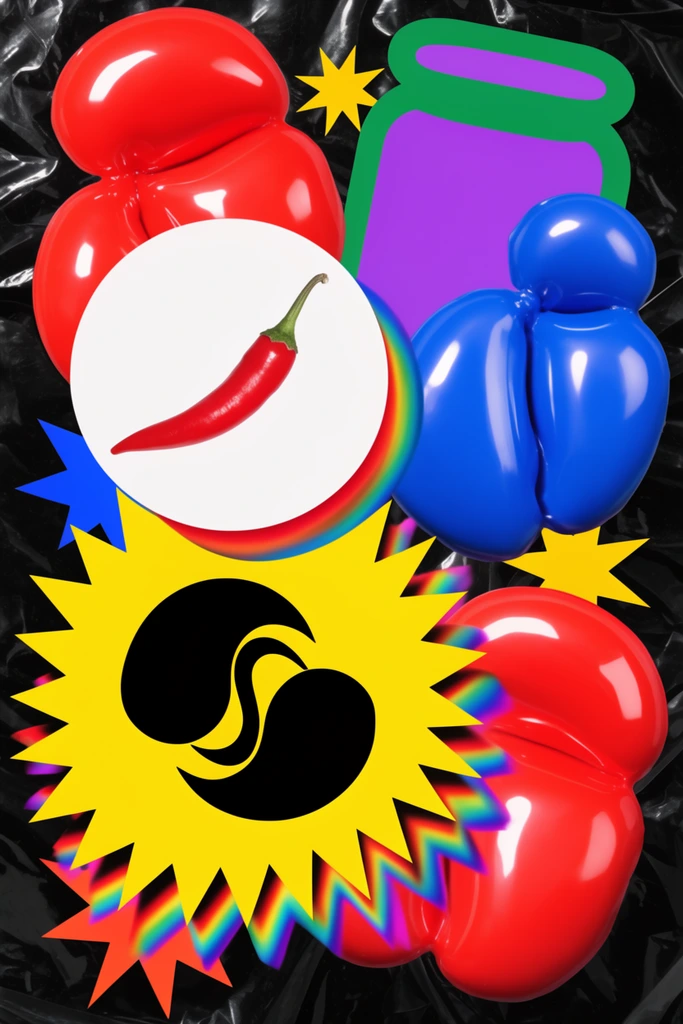 chaotic collage of glossy overlapping stickers on a creased black plastic texture, puffy 3D balloon shapes in vivid red and blue, white circular decal featuring a red chili pepper, large yellow spiky starburst containing abstract curved black shapes, green jar outline with purple fill, rainbow gradient drop shadows, scattered geometric stars, bold primary colors, high contrast pop art aesthetic, reflective layered composition