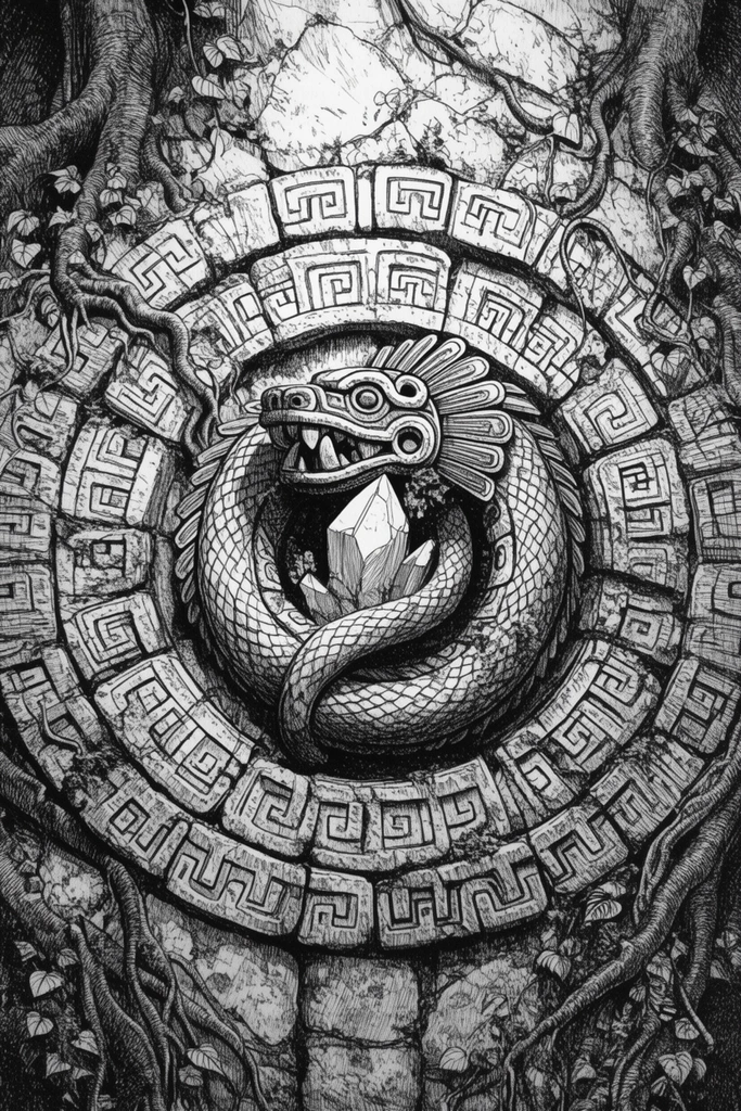 A dense black and white ink etching of an ancient circular stone relief. At the center, a plumed serpent coils protectively around a jagged crystal. Concentric stone rings radiate outward, tightly packed with interlocking geometric block patterns. Thick roots and creeping vines weave through the weathered crevices, heavily textured with fine cross-hatching and stippling.
