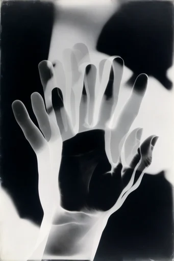 Experimental Darkroom Surrealism style reference image — translucent ghostly layers